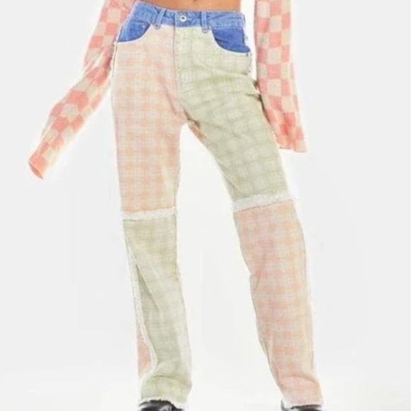 NEW Ragged Priest Multicolor Patchwork‎ Check Wide Leg Jeans Size 28 Fringe Boho - Picture 5 of 12